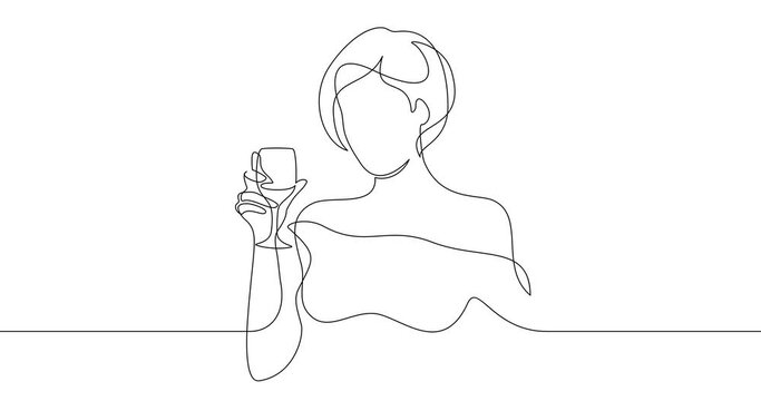 Animation of an image drawn with a continuous line. Pretty girl with wine glass.