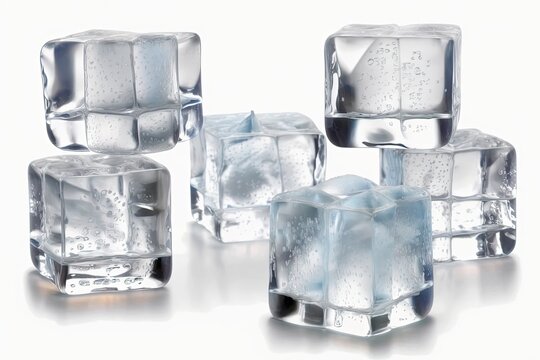 Heap of ice cubes, pile of transparent crystal freeze blocks using for freshness of drink, juice, cocktail or water in glass, group of iced pieces of square form. Generative AI illustration.