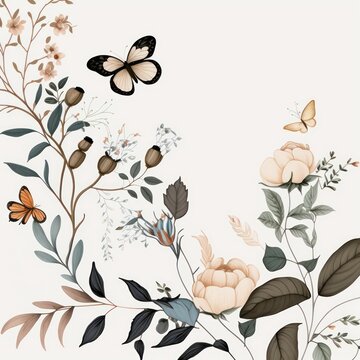 Beautiful vines flower with butterflies in vintage art style. Beautiful butterfly. Vintage art with digital art traditional style. Generative AI. 