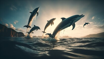 Dolphins jumping in the water, generative AI