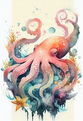 watercolor illustration octopus in the sea, generative AI  finalized in Photoshop by me 
