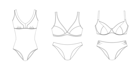 "Woman sustainable swimwear, technical drawing, template, sketch, flat, mock up. Recycled PA, Recycled PES, Lycra fabric swimwear front view, white color"