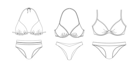 "Woman sustainable swimwear, technical drawing, template, sketch, flat, mock up. Recycled PA, Recycled PES, Lycra fabric swimwear front view, white color"