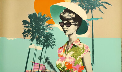Fashion woman wearing 60s retro style dress and sunglasses. Travel vacation. Generative AI - 577116172