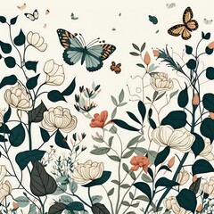 Beautiful vines flower with butterflies in vintage art style. Beautiful butterfly. Generative AI.
