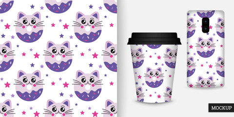 Sweet seamless pattern with donuts and cats. Childish background with cartoon donuts. Vector illustration in flat style. Design for textile, paper, fabric. Mockup.