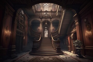Interior space. Classic house. Wooden. Warm color theme. There are plants and flowers and candles in the space. Large doors with high details and 1 central staircase that goes up and generative ai