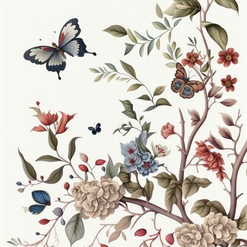 Beautiful vines flower with butterflies in vintage art style. Generative AI.