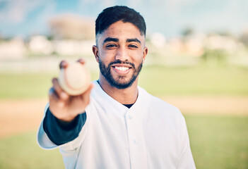 Baseball player, portrait and sportsman holding ball on match or game day on a sports field or...