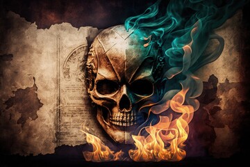 Death mask, flames, and smoke. Explanation of the historical context of the Halloween and horror genres. Precision focus, superimposed on the patina of aged paper. Generative AI