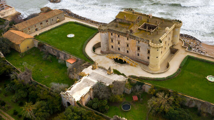 Aerial view of the Odescalchi Castle of Ladispoli, located in the Metropolitan City of Rome, Italy....