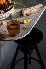 Decorative glass on table with terrazzo structure