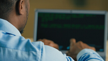 Businessman IT programmer hacker man developing software digital java app typing code on computer web screen coding data internet security system cyberspace binary electronic crypto business online