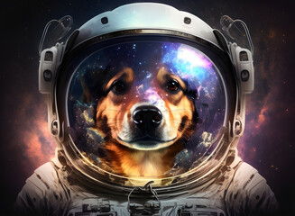 Front view astronaut dog potrait. Astronaut dog in space suit with galaxy and nebula reflection in helmet glass. Deep space exploration. Generative AI