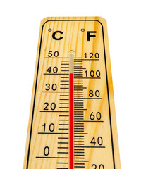 isolated thermometer shows temperature in summer heat - obrazy, fototapety, plakaty