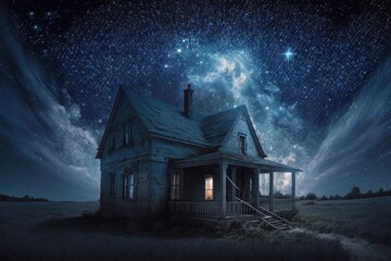 Scene of an abandoned house against a starry sky. Generative AI
