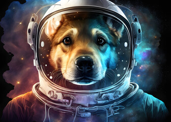 Front view astronaut dog potrait. Astronaut dog in space suit with galaxy and nebula reflection in helmet glass. Deep space exploration. Generative AI