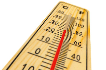 isolated thermometer with high temperature in summer heat - obrazy, fototapety, plakaty