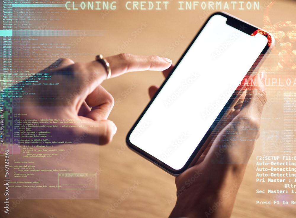 Leinwandbilder Woman, hands or phone screen of hacking information, phishing mockup or abstract coding overlay in night office. Zoom, programmer or developer on mobile technology, virus software or 3d fintech risk
