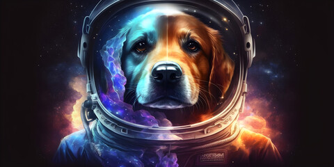 Front view astronaut dog potrait. Astronaut dog in space suit with galaxy and nebula reflection in helmet glass. Deep space exploration. Generative AI