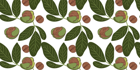 Fototapeta na wymiar Seamless pattern with walnuts and green leaves. Vector illustration