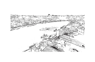 Obraz premium Building view with landmark of Porto Novo is the capital of Benin. Hand drawn sketch illustration in vector.