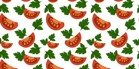 Seamless pattern with tomatoes with parsley and seasoning black pepper. Vector illustration
