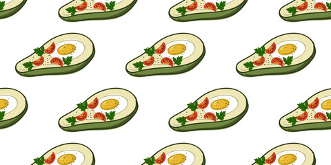 Seamless pattern with baked avocado with tomatoes and parsley. Vector illustration