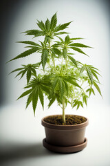 Cannabis, marijuana plant in a pot on white background. Ai generative