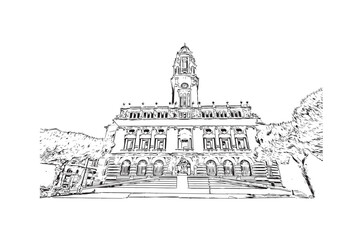 Obraz premium Building view with landmark of Porto Novo is the capital of Benin. Hand drawn sketch illustration in vector.