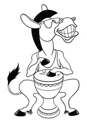 Cartoon Donkey in sunglasses plays the djembe. Donkey drummer. Vector outline image of a cartoon Donkey, isolated on white.