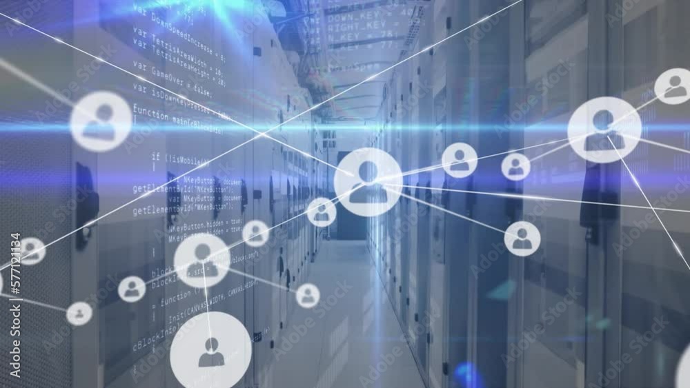 Poster animation of network of connections with icons and data processing over server room