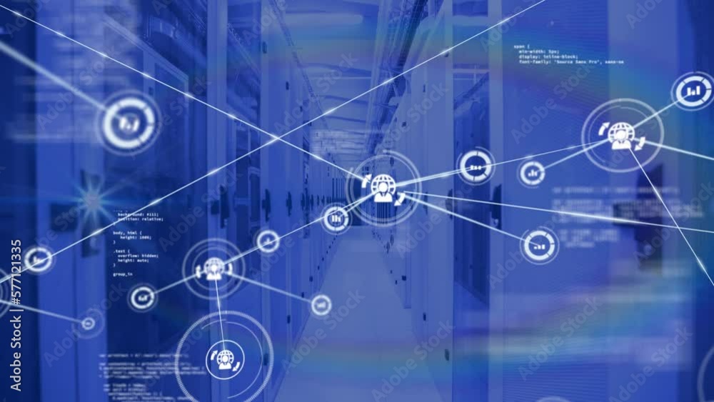 Poster animation of network of connections with icons and data processing over server room