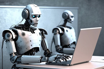 Robot with laptop illustration. Ai Art