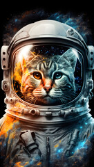 Front view astronaut cat potrait. Astronaut cat in space suit with galaxy and nebula reflection in helmet glass. Deep space exploration Created with Generative AI