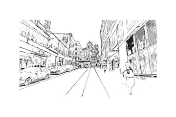 Building view with landmark of Porto Novo is the 
capital of Benin. Hand drawn sketch illustration in vector.