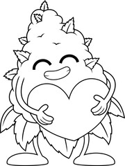 Outlined Happy Marijuana Bud Cartoon Character Holding A Heart. Vector Hand Drawn Illustration Isolated On Transparent Background
