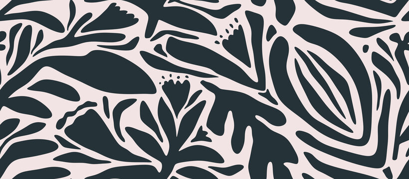 Hand drawn minimal abstract organic shapes seamless pattern, leaves and flowers.
