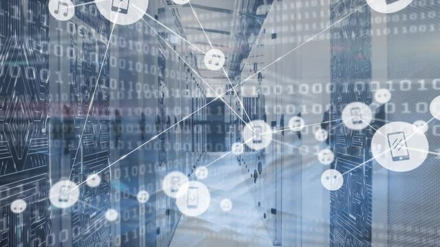 Animation of network of connections with icons and binary coding over server room