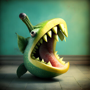 green fish, open mouth cartoon style green