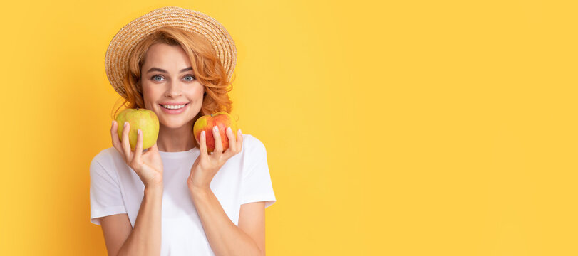 Summer Girl Hold Apple. Beauty Woman Isolated Face Portrait, Banner With Mock Up Copy Space. Vitamin And Dieting. Woman In Straw Hat Eating Healthy Food. Youth Health.