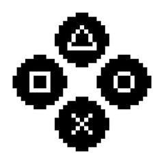 Playstation glitch cross triangle square circle icon black-white vector pixel art icon	