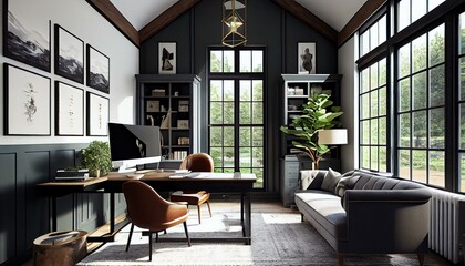 A spacious home office with a large desk, comfortable seating, and plenty of natural light to boost productivity.. Generative AI