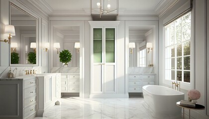 A luxurious bathroom with a freestanding tub, marble accents, and ample storage space.. Generative AI