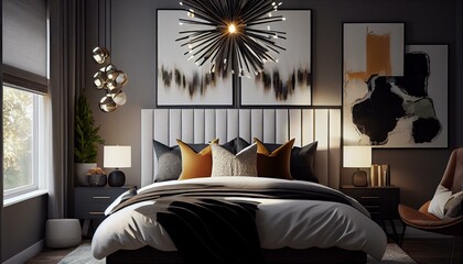 A contemporary bedroom with a mix of textures, statement lighting, and unique decor pieces.. Generative AI