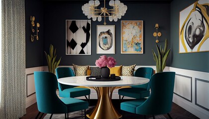 A chic dining room with a statement chandelier, a mix of seating options, and bold artwork on the walls.. Generative AI