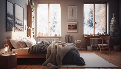 A cozy, Scandinavian-style bedroom with warm, natural wood accents and minimalist decor.. Generative AI