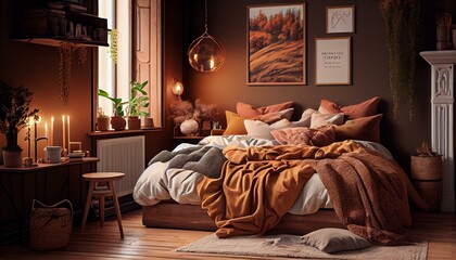 A cozy bedroom with warm, earthy tones and a fluffy comforter on the bed.. Generative AI