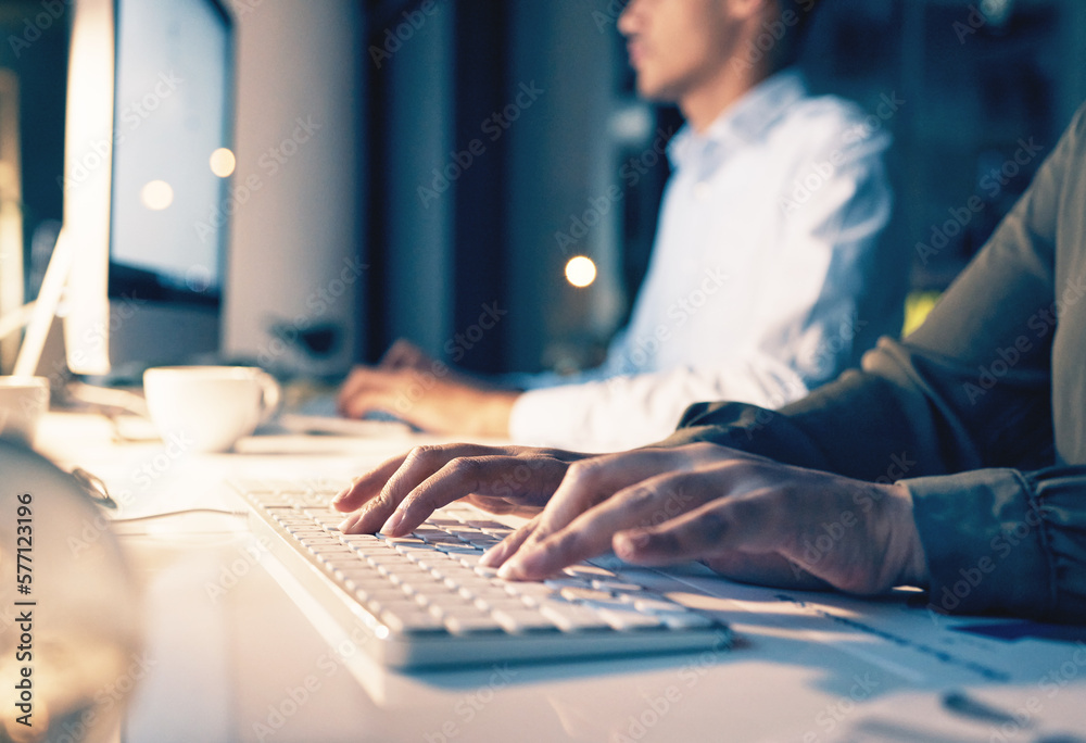 Poster online, computer and night with hands of person in office for email, overtime and project proposal. 