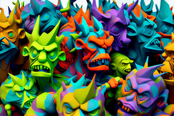 Generative AI render of colorful skulls and demons